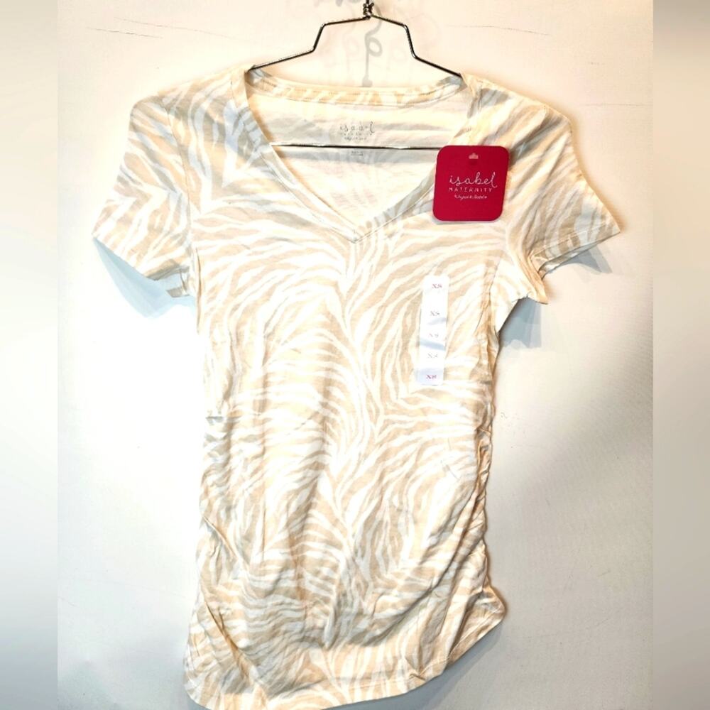 Ingrid Maternity XS T-shirt Animal Print Ruched Short Sleeve V-neck Cream NWT